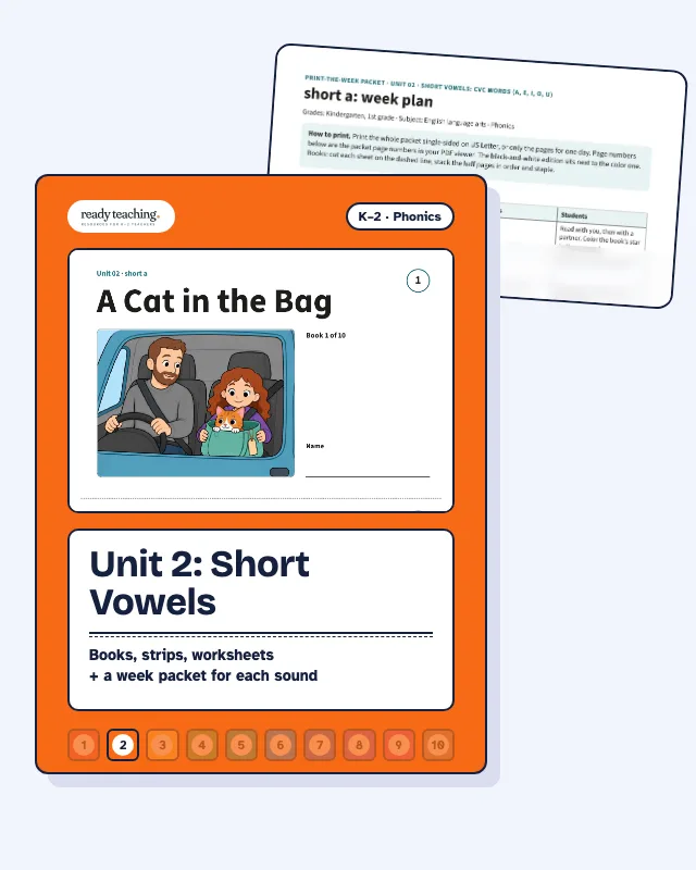 Cover of Unit 2: Short Vowels with a real page from the set behind it