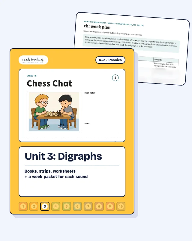 Cover of Unit 3: Digraphs with a real page from the set behind it