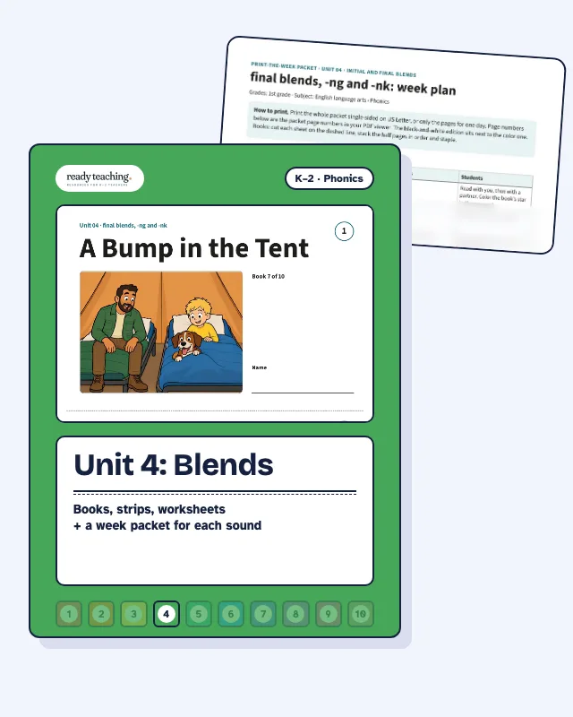 Cover of Unit 4: Blends with a real page from the set behind it