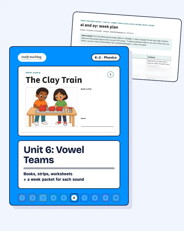 Cover of Unit 6: Vowel Teams with a real page from the set behind it