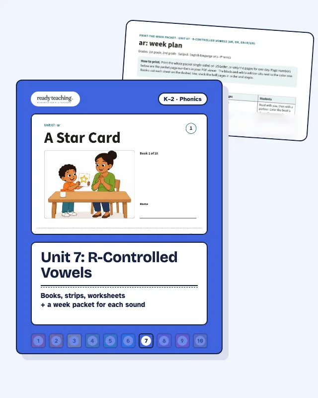 Cover of Unit 7: R-Controlled Vowels with a real page from the set behind it