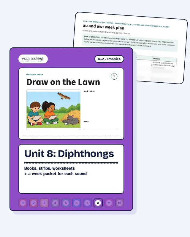 Cover of Unit 8: Diphthongs with a real page from the set behind it