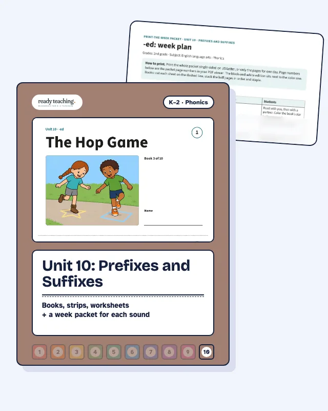Cover of Unit 10: Prefixes and Suffixes with a real page from the set behind it