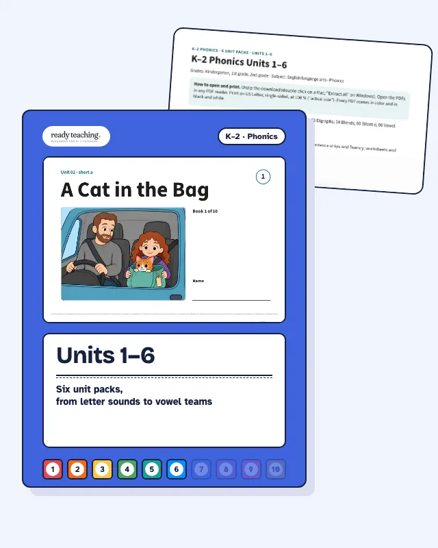 Cover of Units 1–6 with a real page from the set behind it