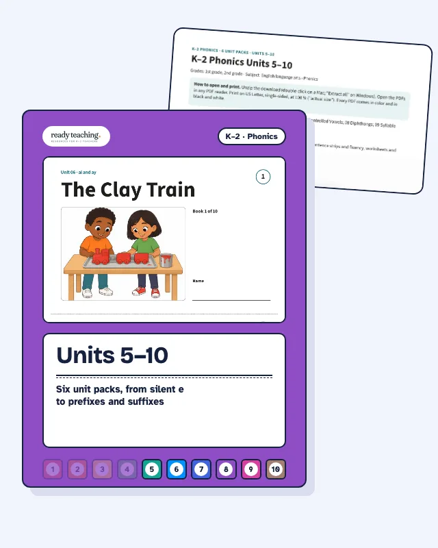Cover of Units 5–10 with a real page from the set behind it