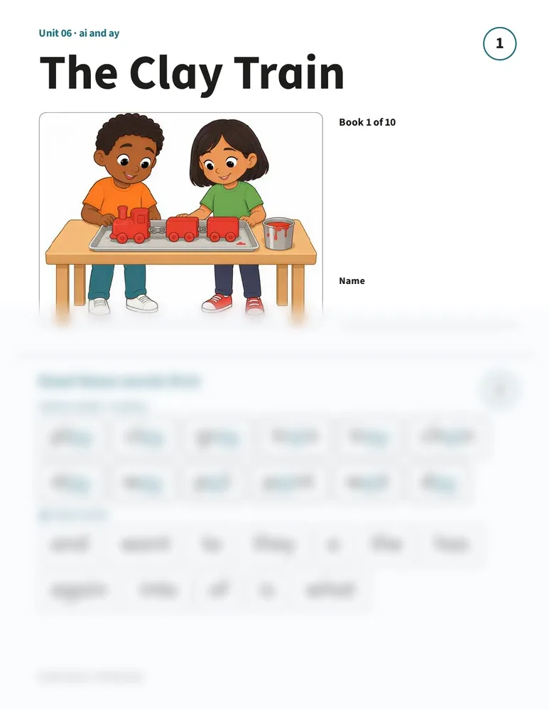 Printed sheet from Unit 6, book 1 "The Clay Train": the book cover with a picture of two children and a clay train, and the "Read these words first" page with ai and ay words and heart words