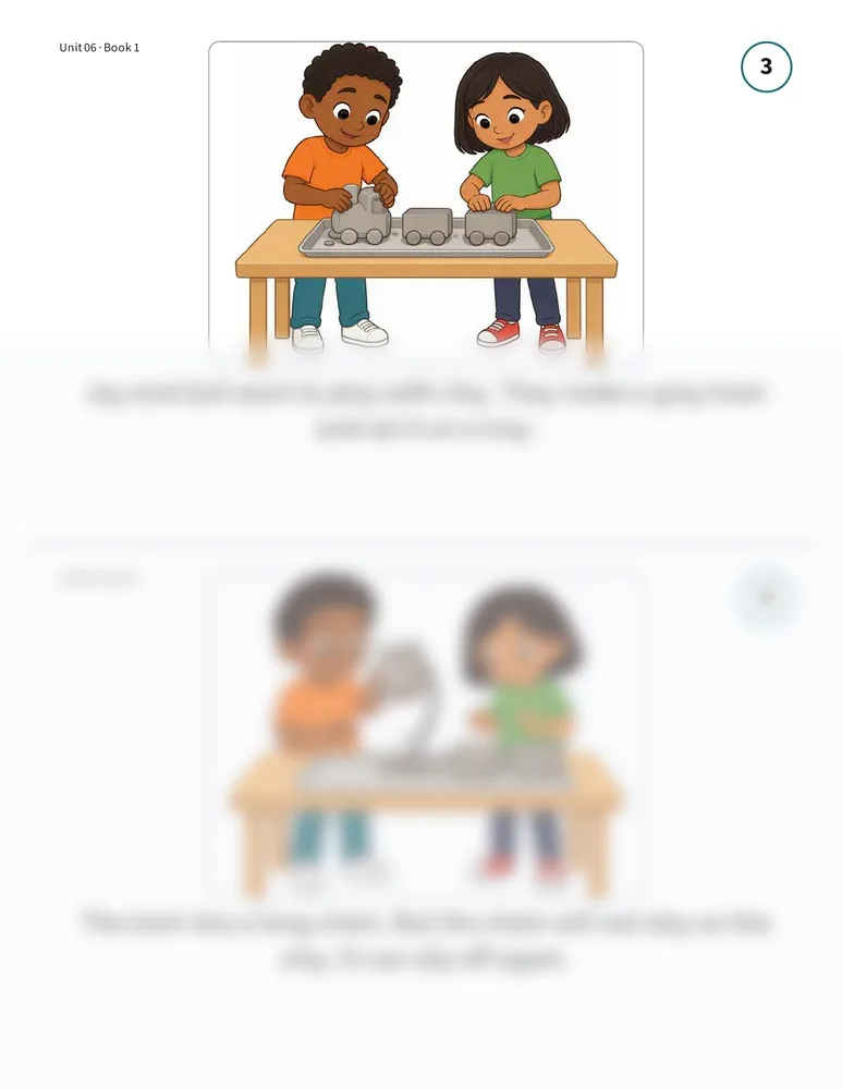 Two story pages of "The Clay Train", each with a picture and two decodable sentences