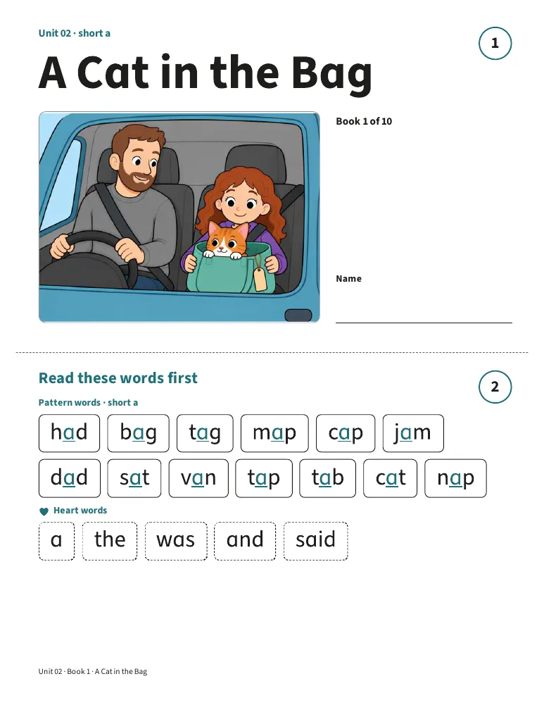 Cover and word page of the short a book "A Cat in the Bag"