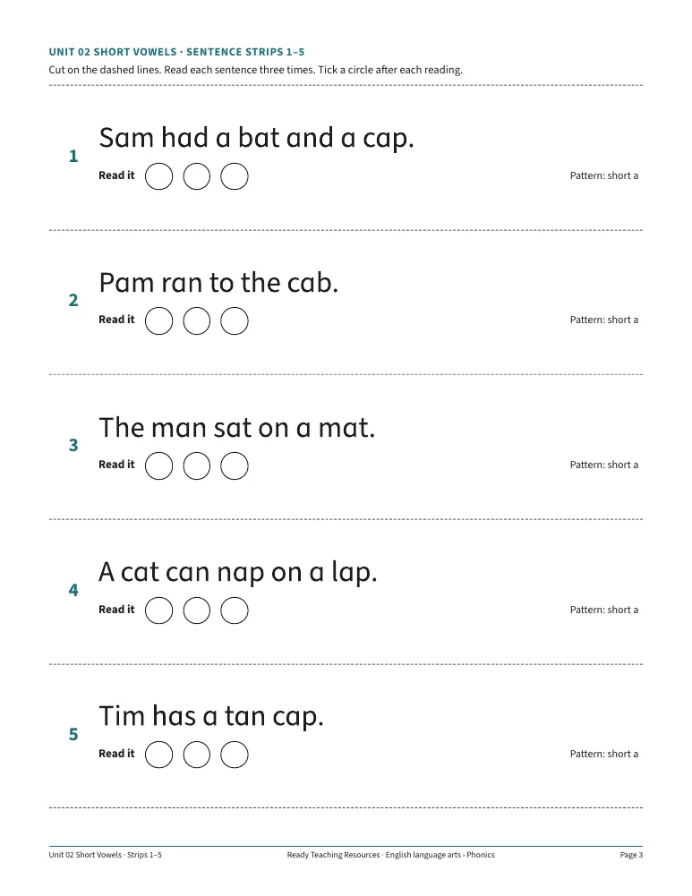 A page of short a sentence strips with "read it" circles