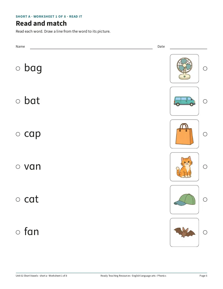 Short a worksheet: read and match words to pictures