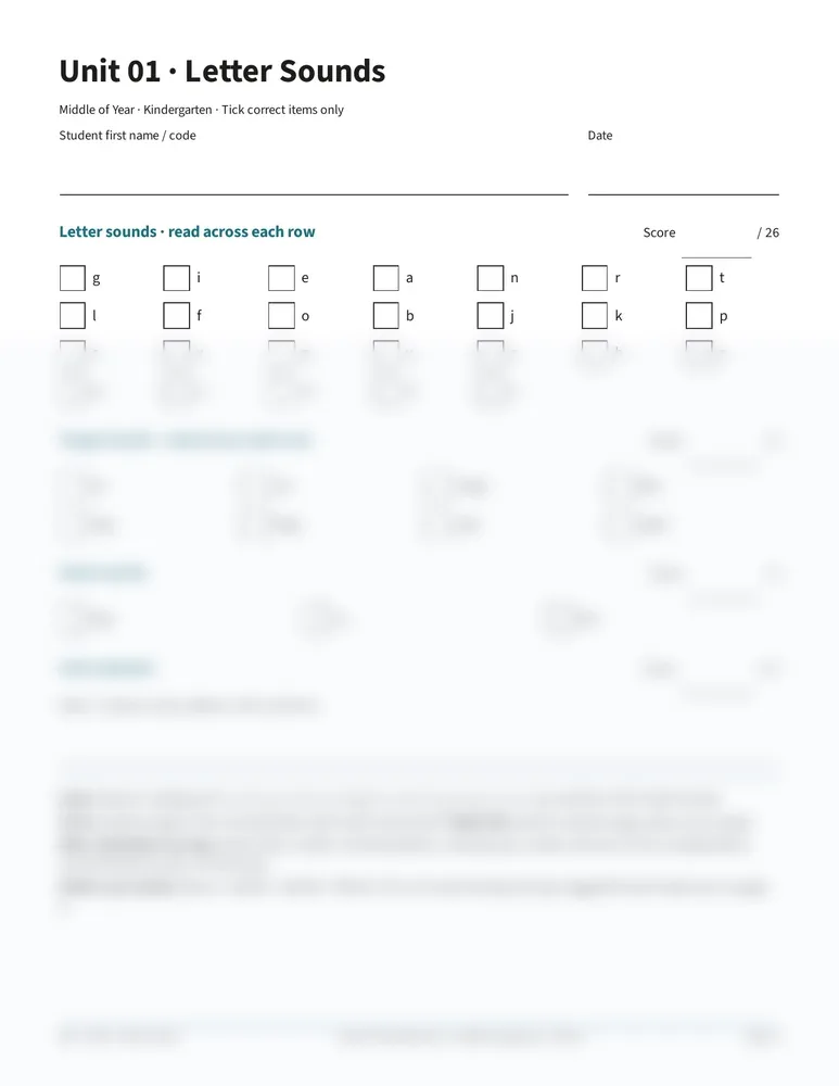 Middle-of-year teacher scoring sheet with tick boxes for Units 1 and 2