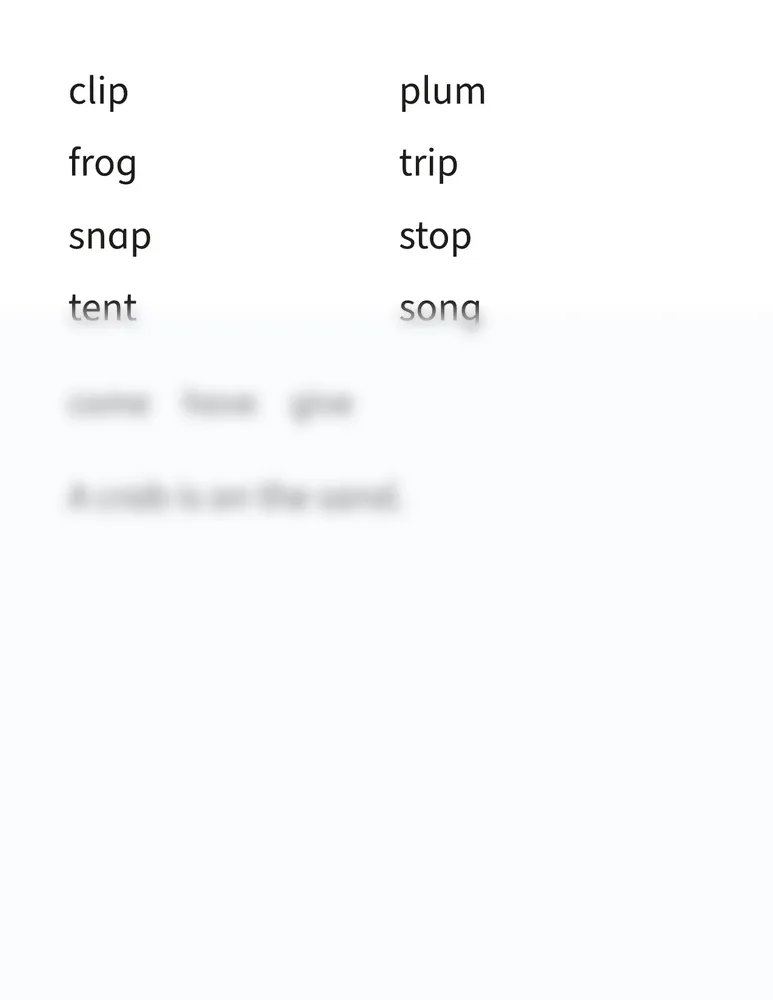 Middle-of-year assessment student page with digraph words, heart words and a sentence