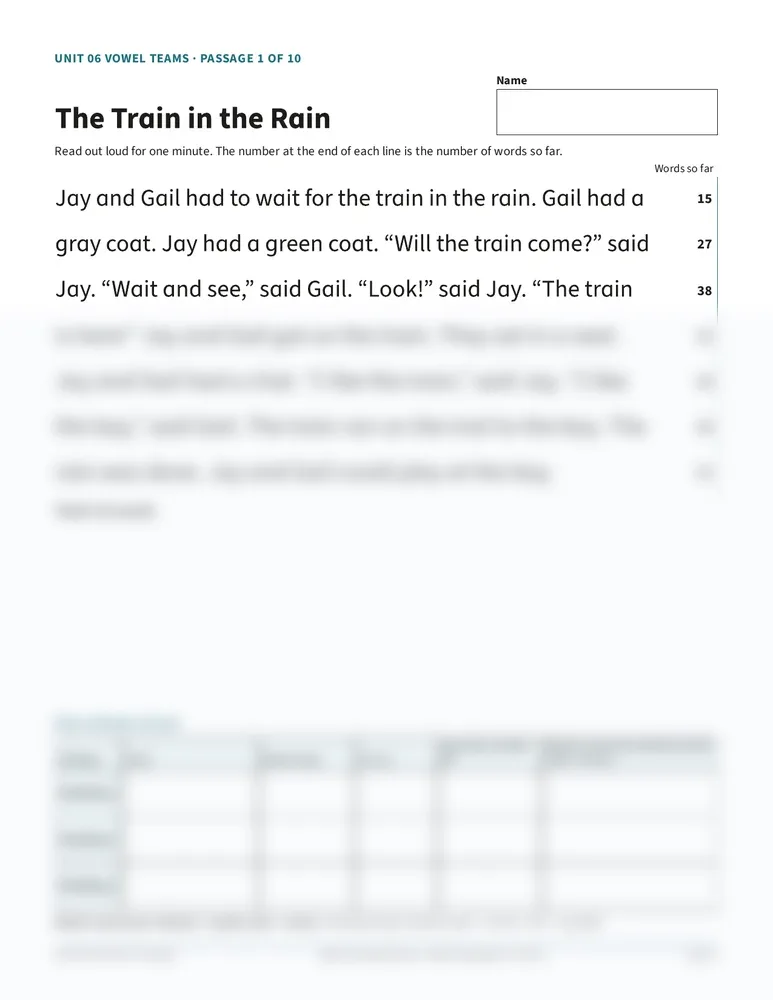 One-minute passage "The Train in the Rain" with a running word count at each line end and a record table for three readings