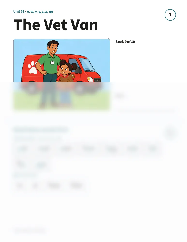 A decodable book page from the Unit 1 week packet for e, w, v, y, z, x, qu