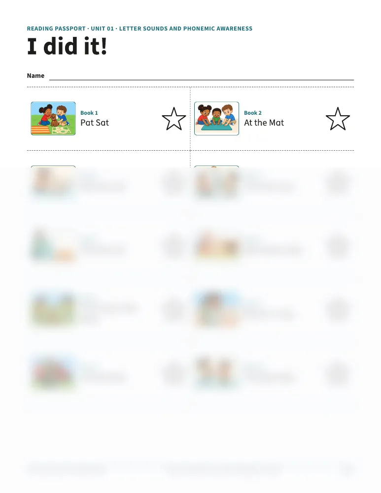 The Unit 1 reading passport with a star for each book