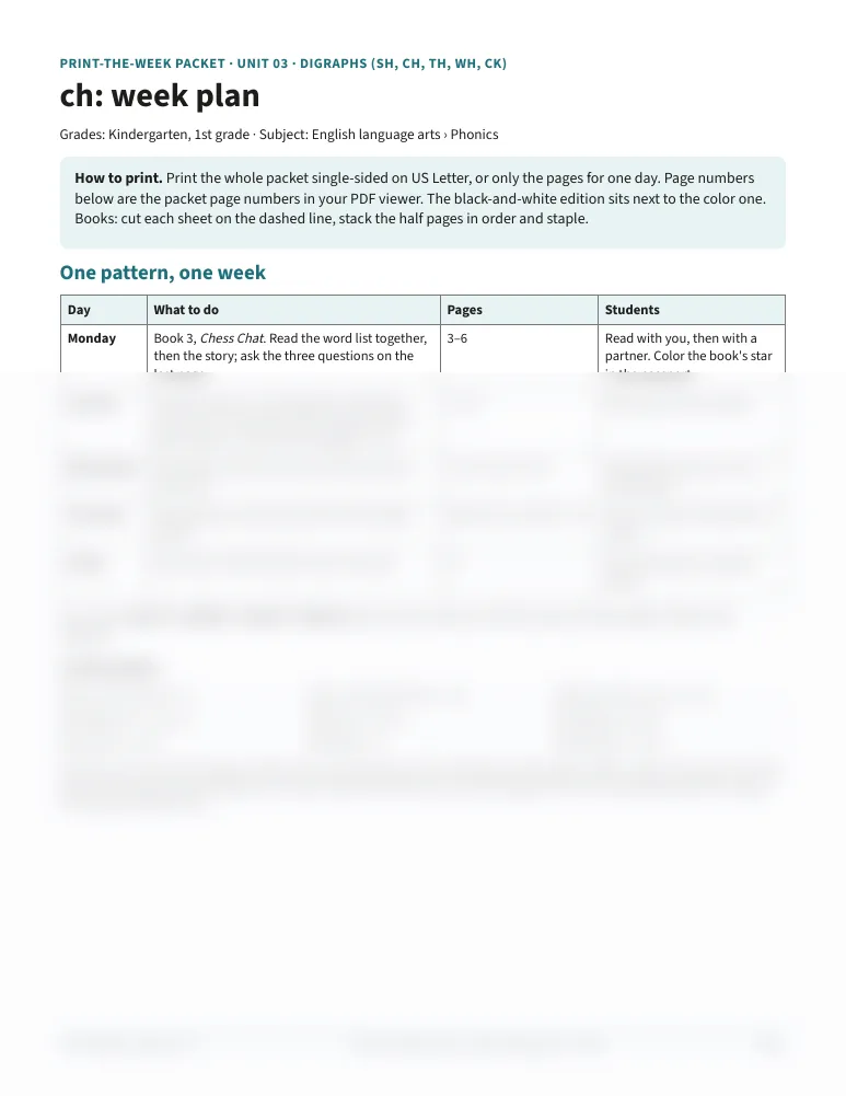 Week plan page of the Unit 3 week packet for ch