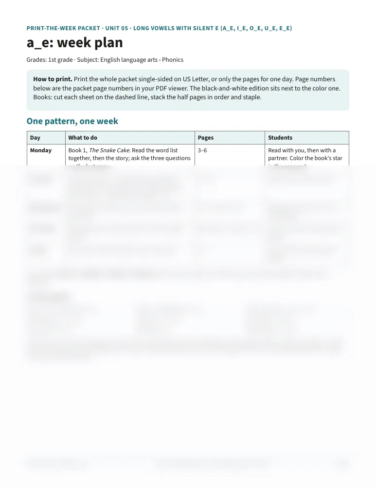 Week plan page of the Unit 5 week packet for a_e