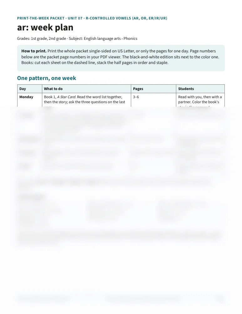 Week plan page of the Unit 7 week packet for ar