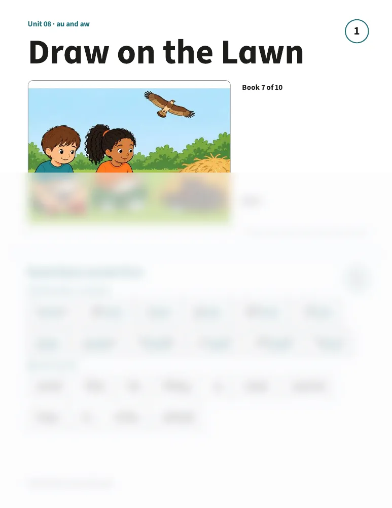 A decodable book page from the Unit 8 week packet for au and aw