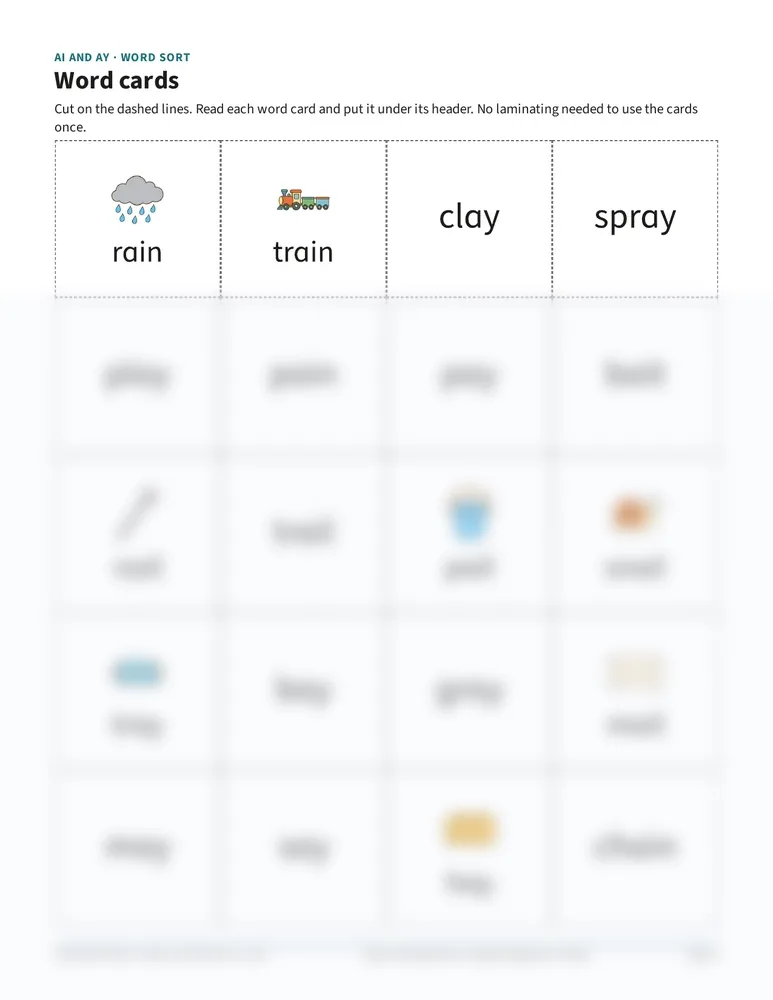 Word-sort cards for ai and ay with a picture on each word card