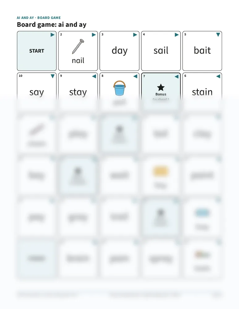 Board game for ai and ay: a path of word and picture squares from start to finish