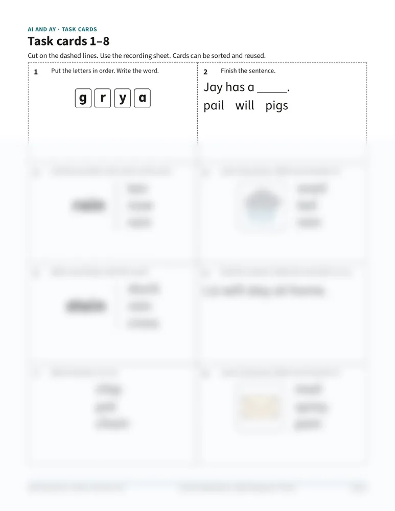 Task cards 1 to 8 for ai and ay