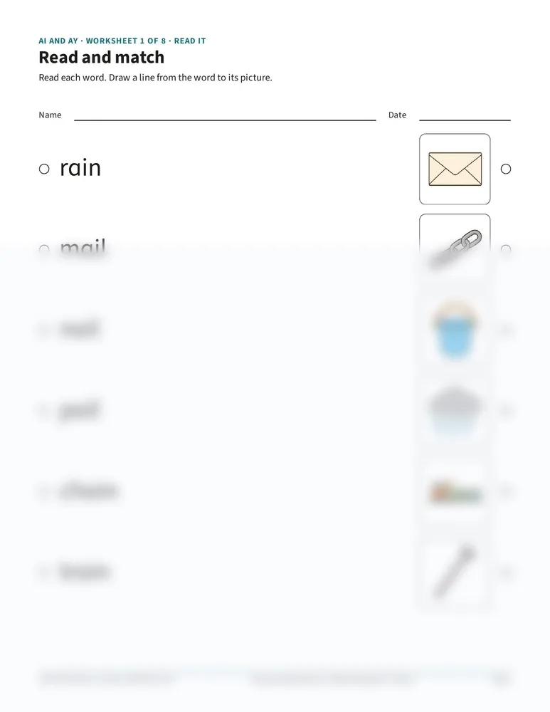 Worksheet "Read and match" for ai and ay: six words to match to pictures