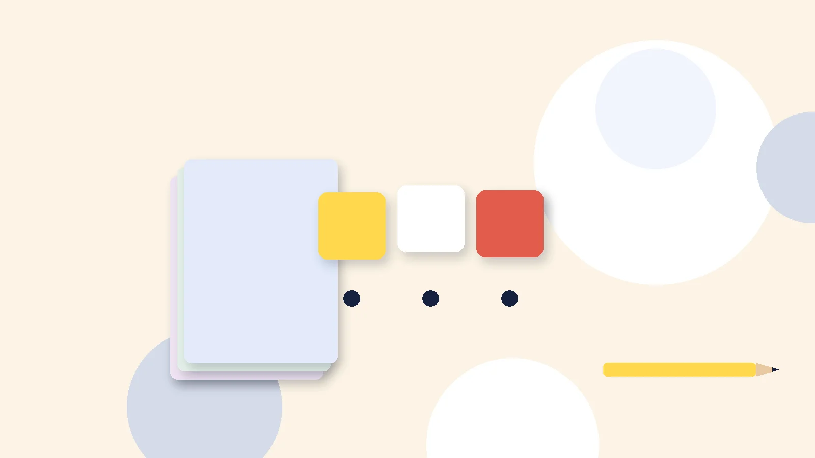 Illustrative graphic: blank colored tiles above sound dots, a stack of blank booklets and a pencil. No text.