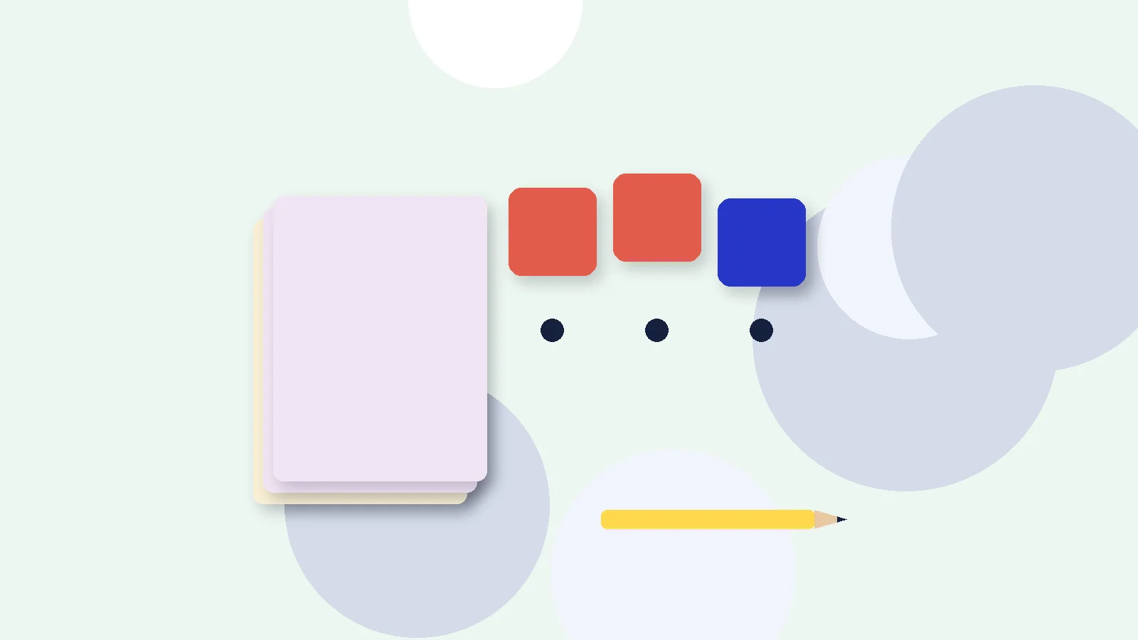 Illustrative graphic: blank colored tiles above sound dots, a stack of blank booklets and a pencil. No text.