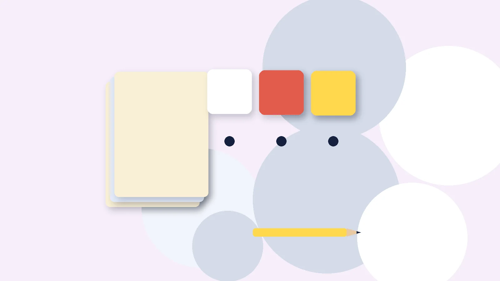 Illustrative graphic: blank colored tiles above sound dots, a stack of blank booklets and a pencil. No text.