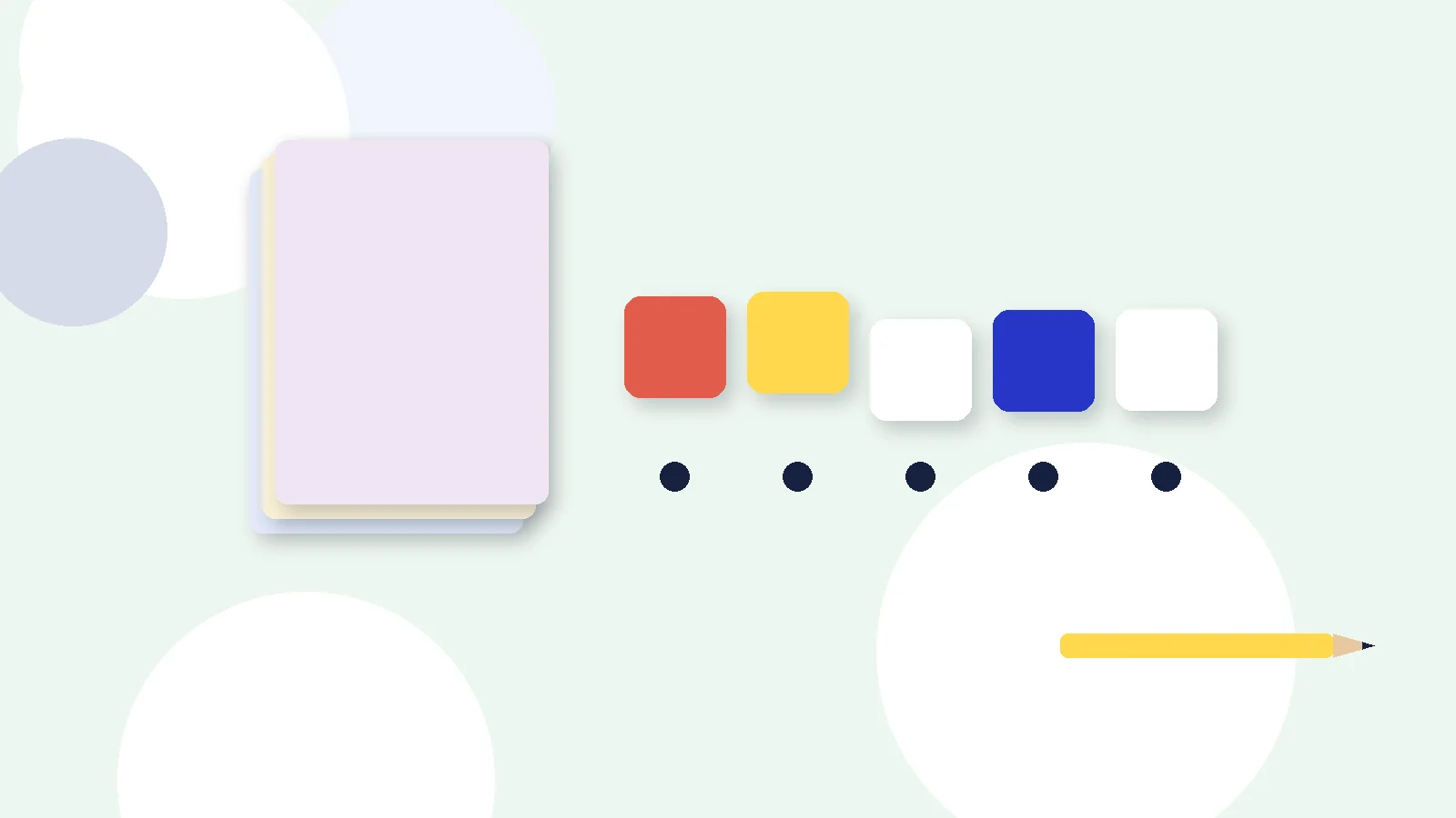 Illustrative graphic: blank colored tiles above sound dots, a stack of blank booklets and a pencil. No text.