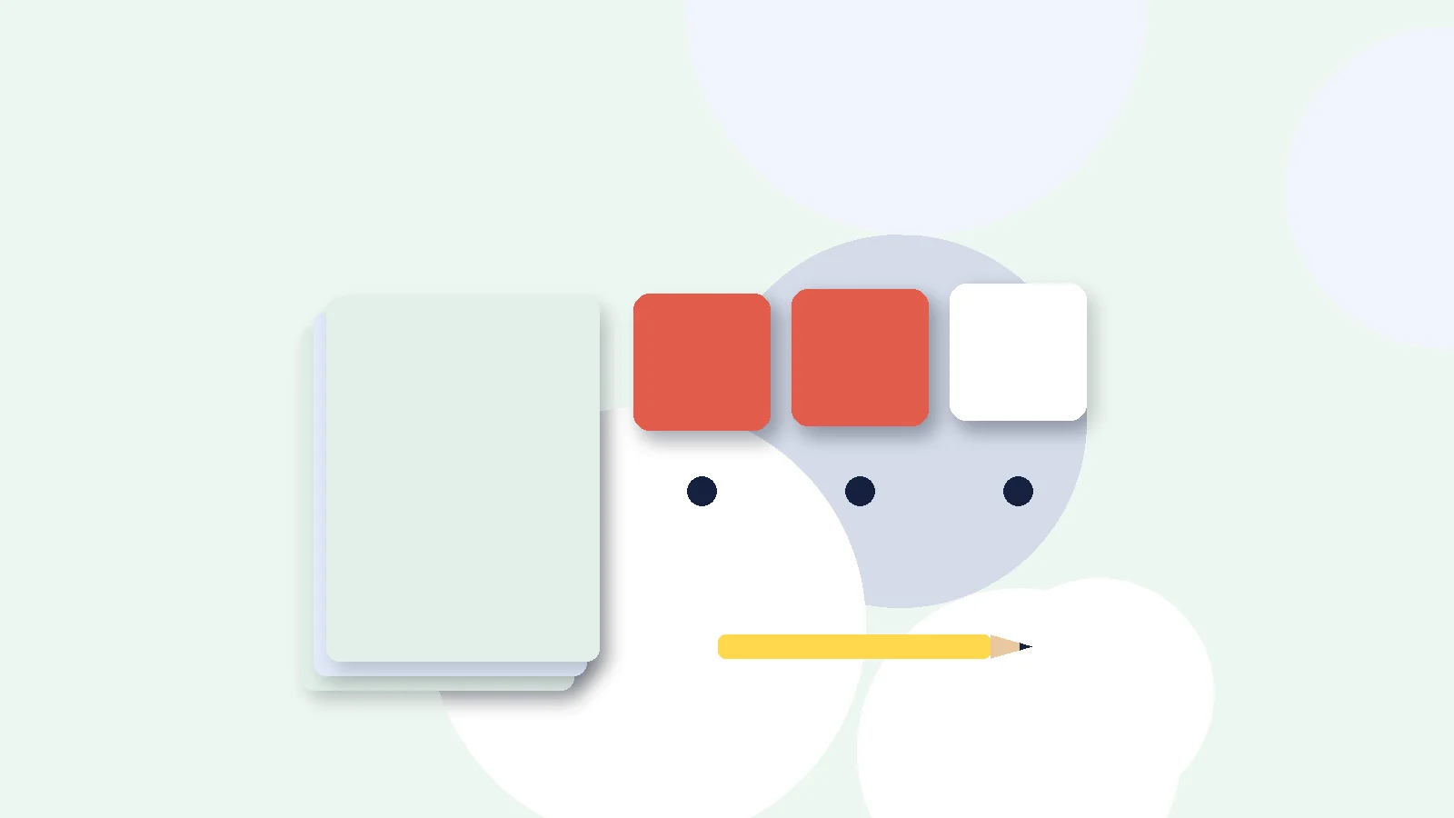 Illustrative graphic: blank colored tiles above sound dots, a stack of blank booklets and a pencil. No text.
