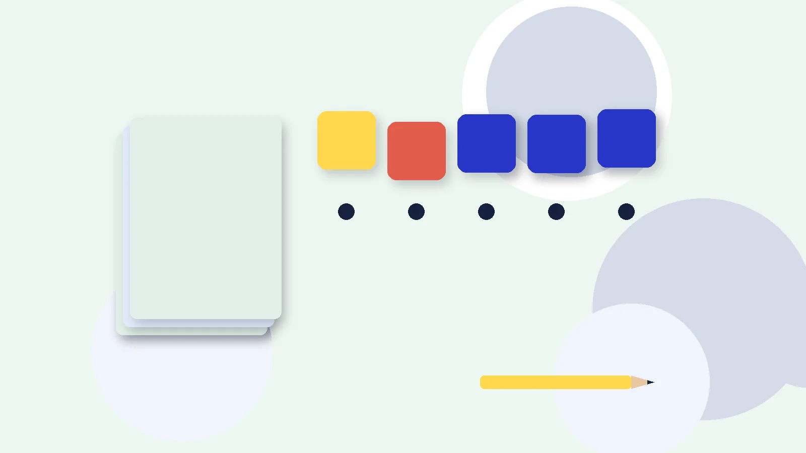 Illustrative graphic: blank colored tiles above sound dots, a stack of blank booklets and a pencil. No text.