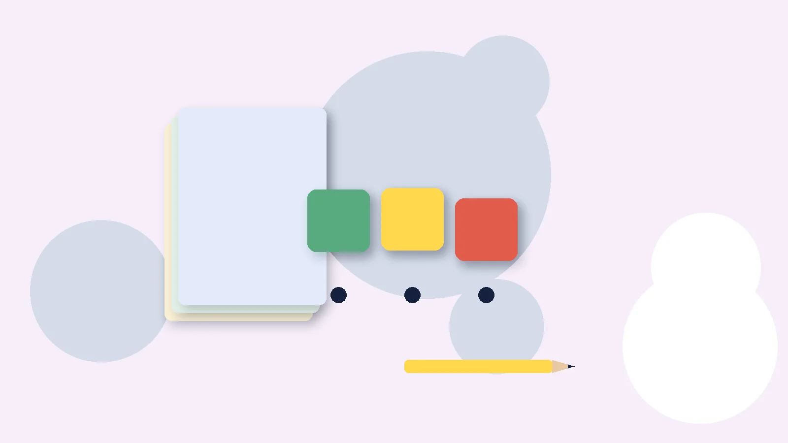 Illustrative graphic: blank colored tiles above sound dots, a stack of blank booklets and a pencil. No text.