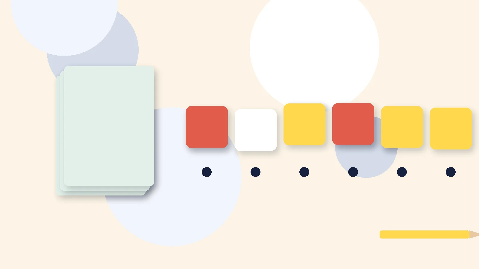 Illustrative graphic: blank colored tiles above sound dots, a stack of blank booklets and a pencil. No text.
