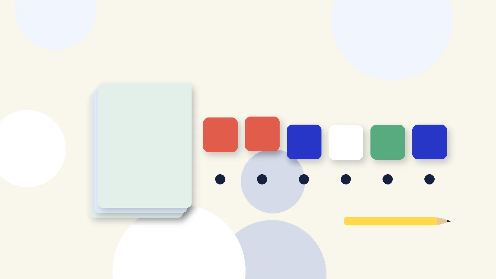 Illustrative graphic: blank colored tiles above sound dots, a stack of blank booklets and a pencil. No text.