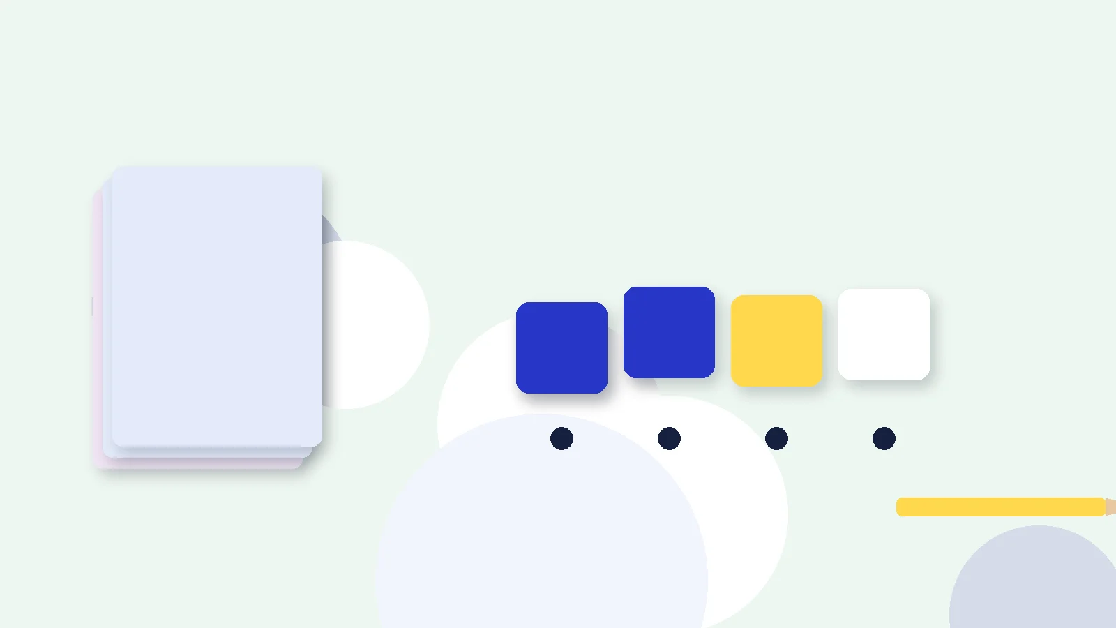 Illustrative graphic: blank colored tiles above sound dots, a stack of blank booklets and a pencil. No text.