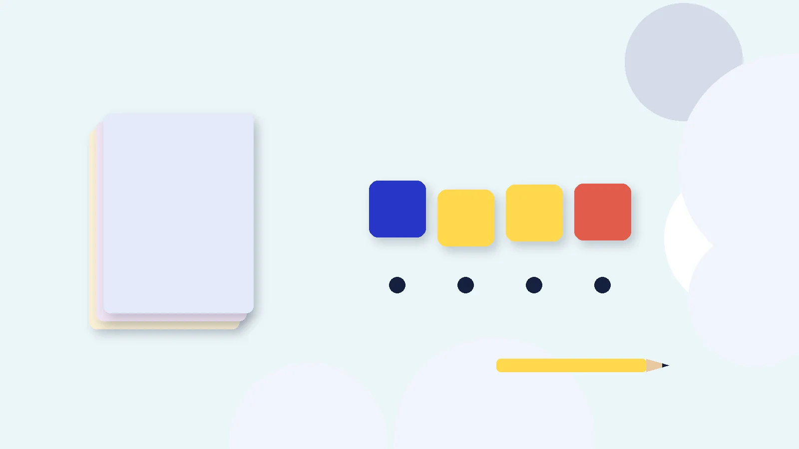 Illustrative graphic: blank colored tiles above sound dots, a stack of blank booklets and a pencil. No text.