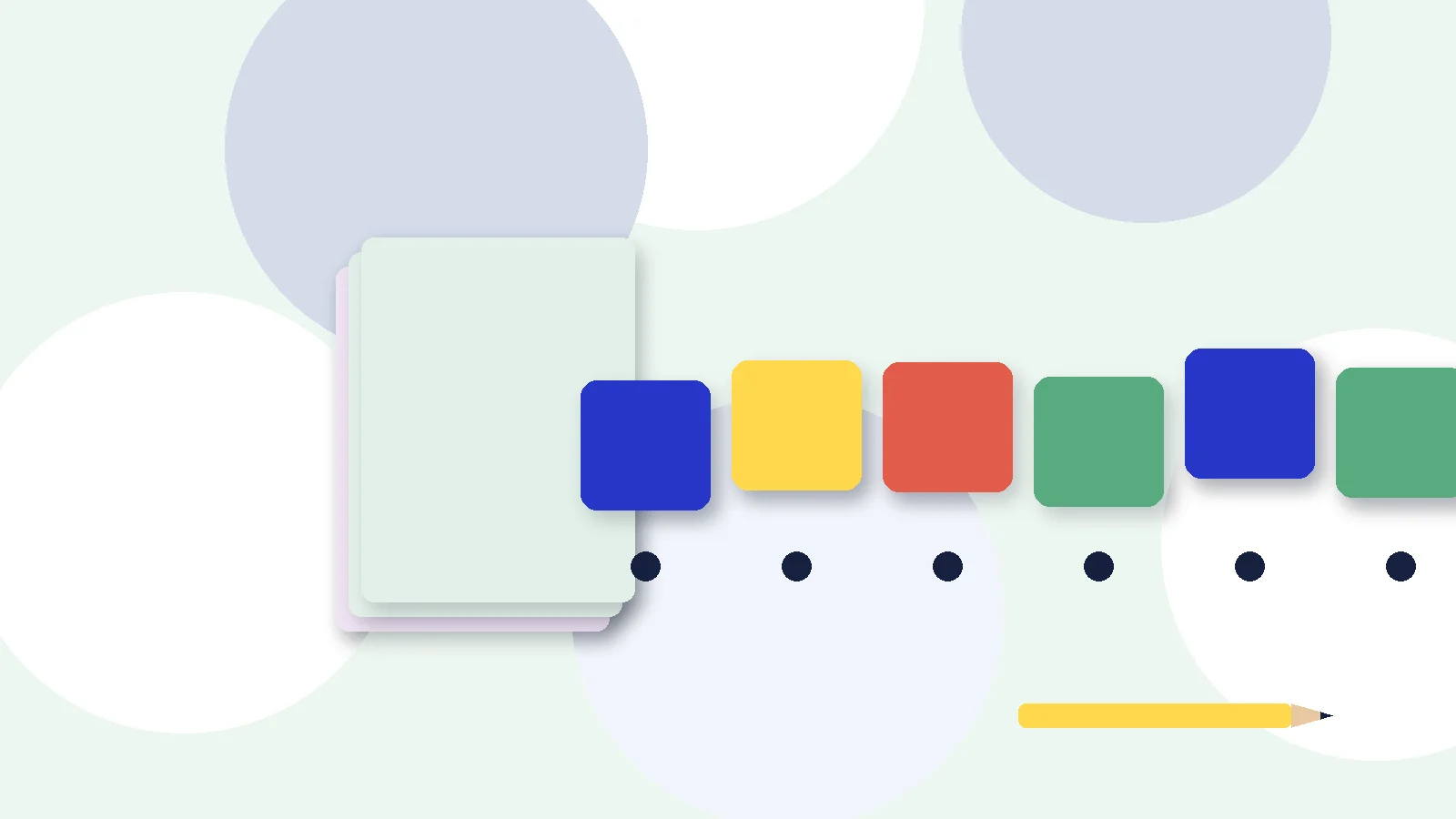 Illustrative graphic: blank colored tiles above sound dots, a stack of blank booklets and a pencil. No text.