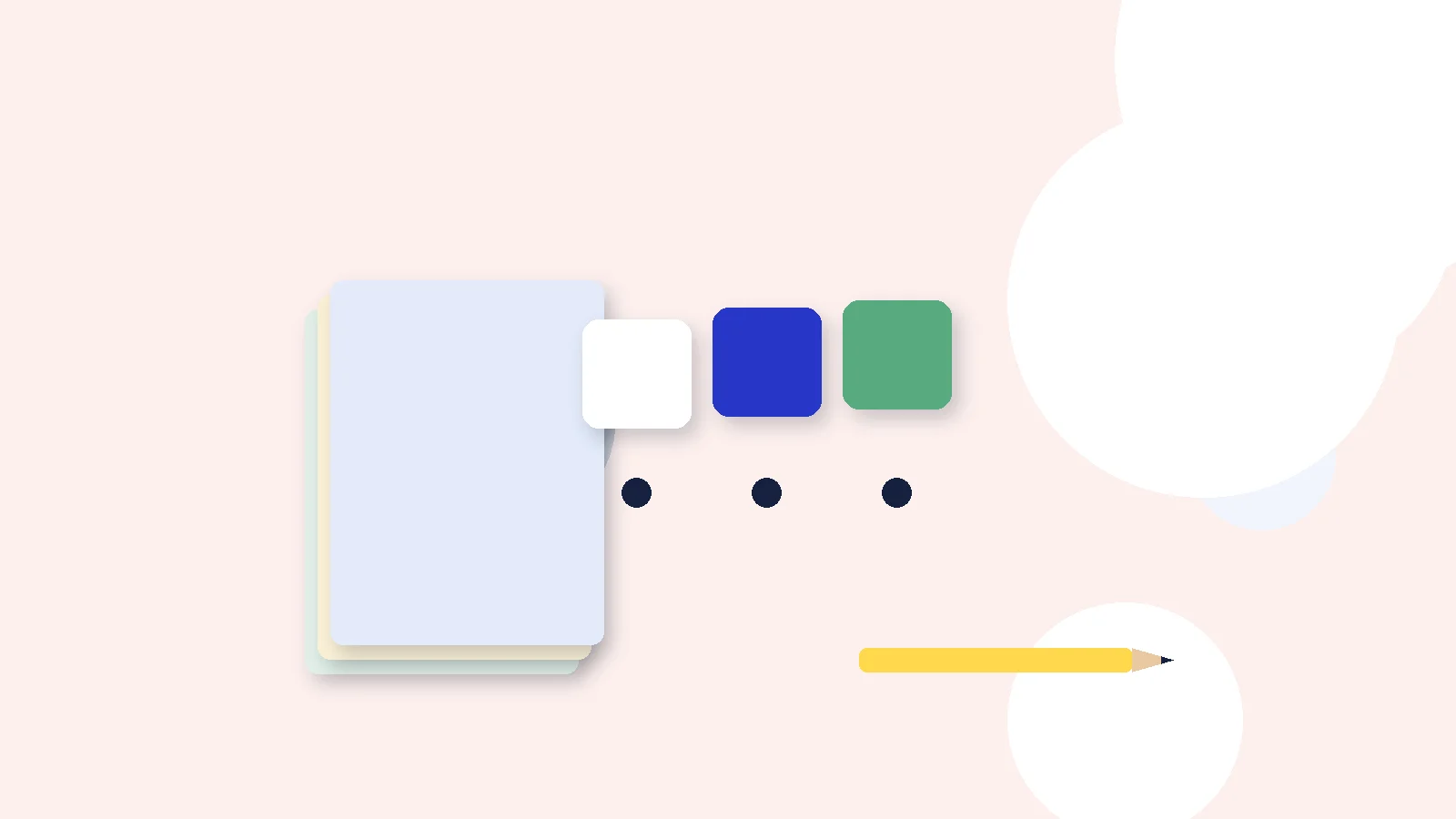 Illustrative graphic: blank colored tiles above sound dots, a stack of blank booklets and a pencil. No text.