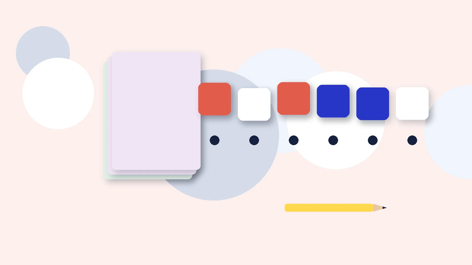 Illustrative graphic: blank colored tiles above sound dots, a stack of blank booklets and a pencil. No text.