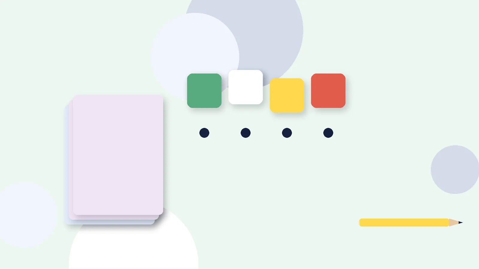 Illustrative graphic: blank colored tiles above sound dots, a stack of blank booklets and a pencil. No text.