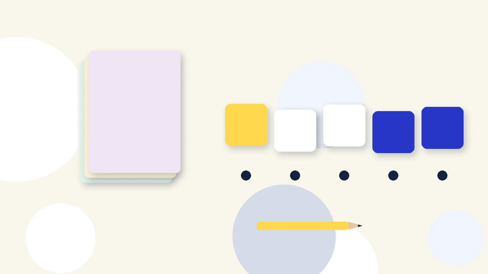 Illustrative graphic: blank colored tiles above sound dots, a stack of blank booklets and a pencil. No text.