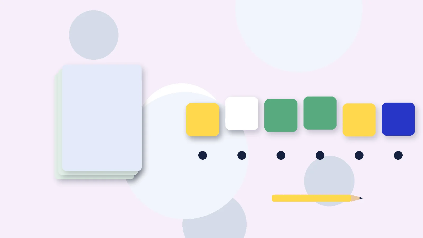 Illustrative graphic: blank colored tiles above sound dots, a stack of blank booklets and a pencil. No text.