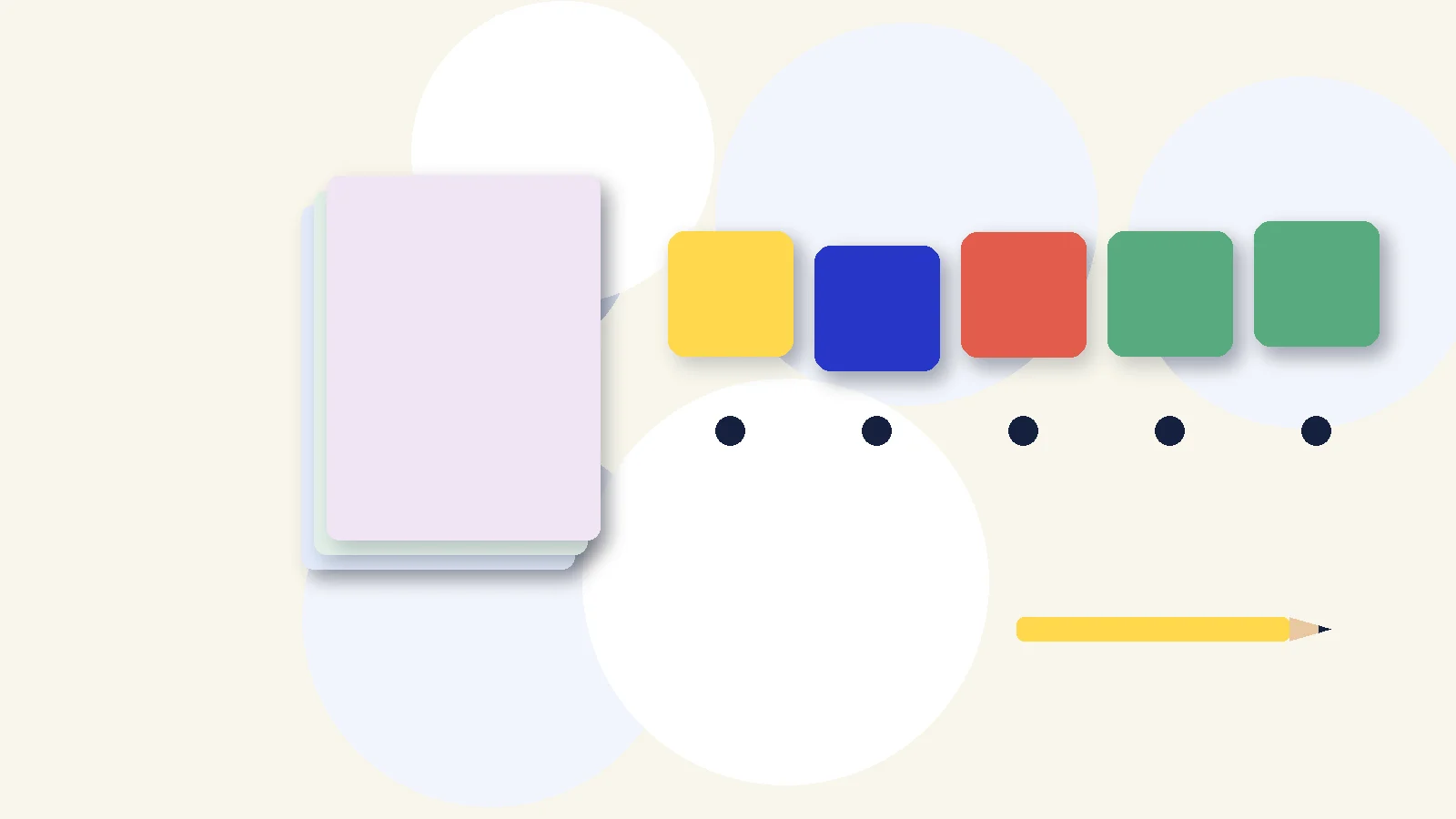 Illustrative graphic: blank colored tiles above sound dots, a stack of blank booklets and a pencil. No text.