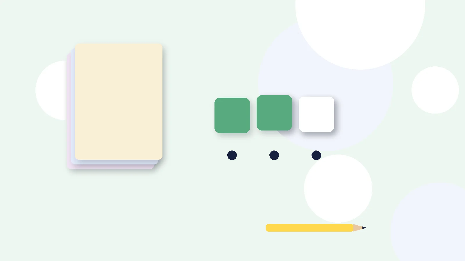 Illustrative graphic: blank colored tiles above sound dots, a stack of blank booklets and a pencil. No text.