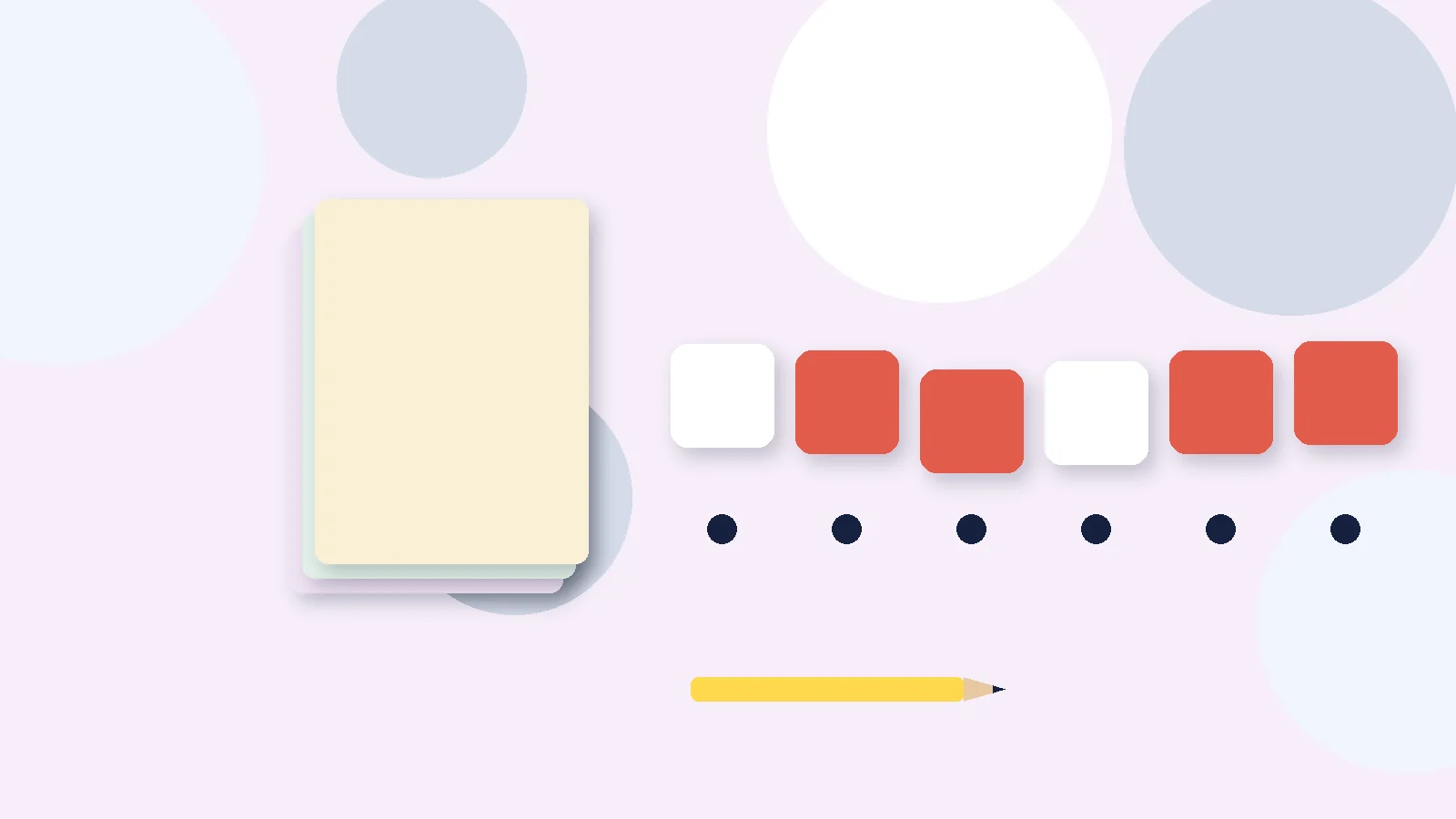 Illustrative graphic: blank colored tiles above sound dots, a stack of blank booklets and a pencil. No text.