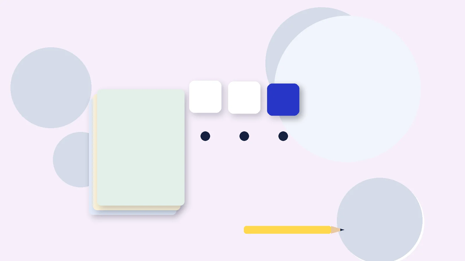 Illustrative graphic: blank colored tiles above sound dots, a stack of blank booklets and a pencil. No text.