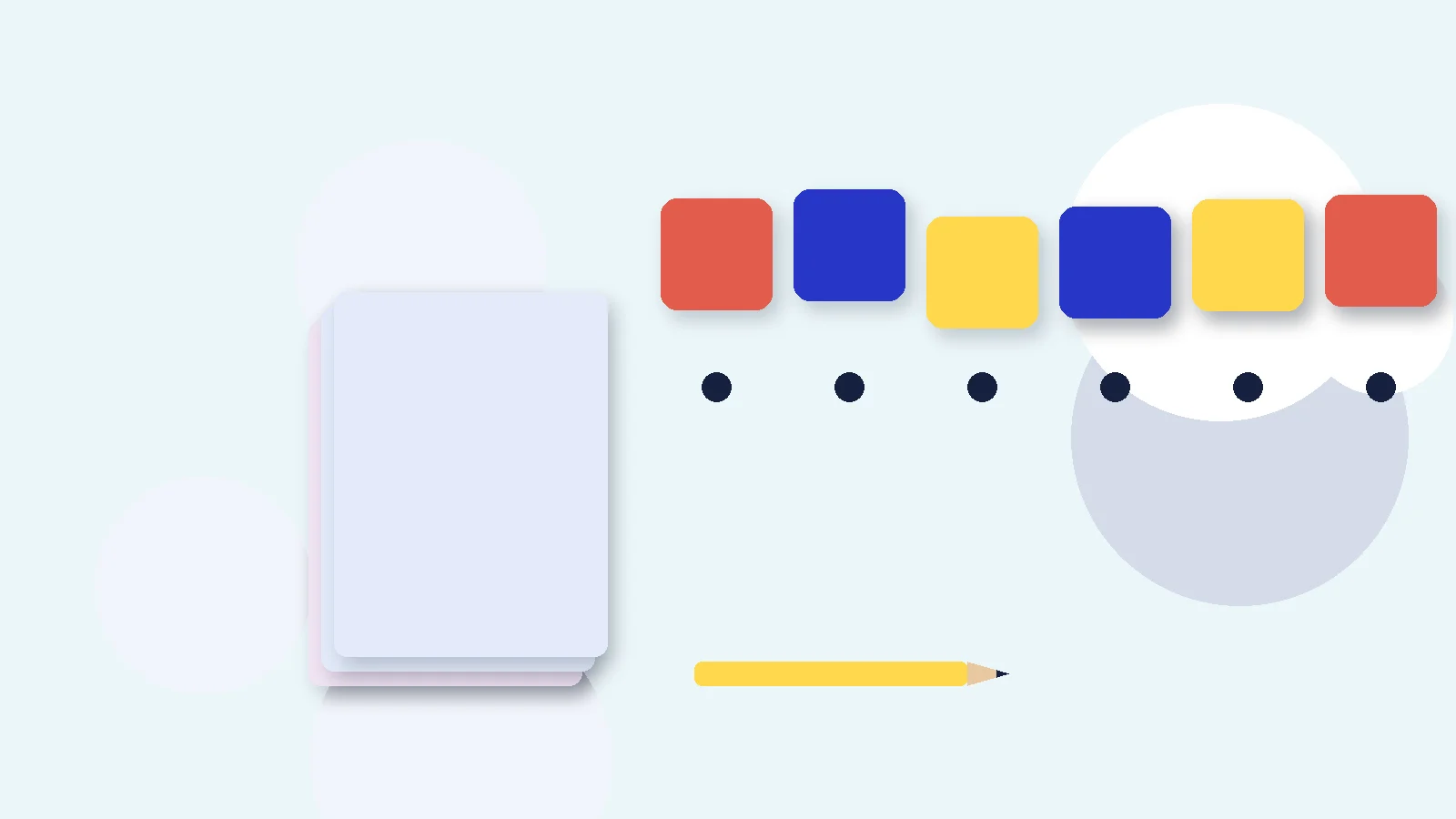 Illustrative graphic: blank colored tiles above sound dots, a stack of blank booklets and a pencil. No text.