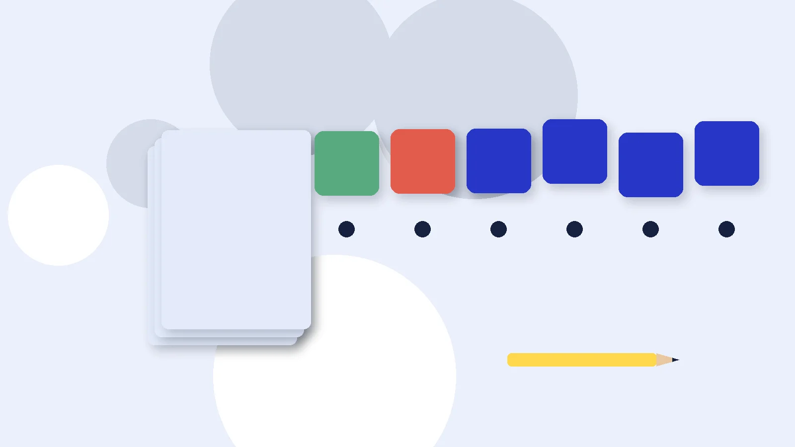 Illustrative graphic: blank colored tiles above sound dots, a stack of blank booklets and a pencil. No text.